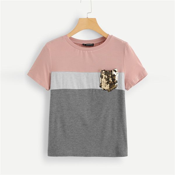 

woman shirt womens designer clothing multicolor color block and sew pocket t shirt women short sleeve casual summer workwear t shirts, White