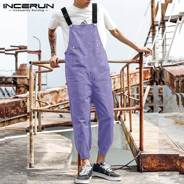 

fashion men bib pants solid color joggers pockets 2020 streetwear suspenders jumpsuit loose casual workout mens overalls incerun, Black