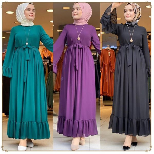 

ethnic clothing ruffles long chiffon dress women summer flare sleeves lined maxi solid color muslim ladies modest dubai turkey, Red