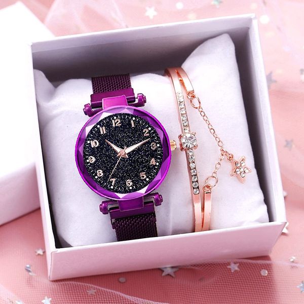 

women magnet buckle starry sky luminous watch with bracelet set luxury female quartz wristwatches relogio feminino gift clock, Black