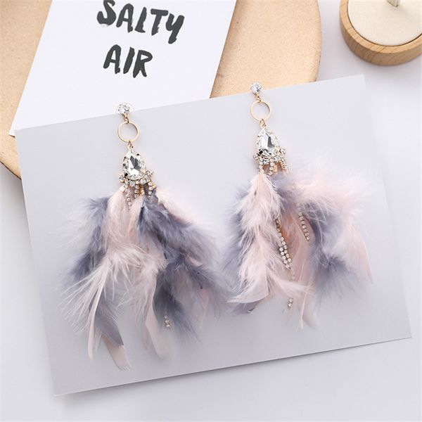 

fashion colorful feather earrings for women luxury water drop rhinestone long tassel temperament pendientes mujer moda ec1172, Golden