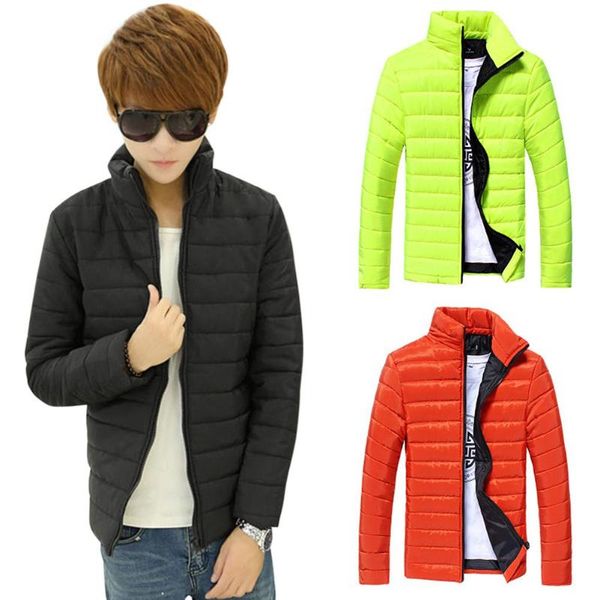 

men winter coat cotton padded solid color coats stand collar slim jackets, Black