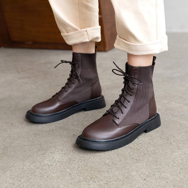 

women's genuine leather stretch knitting patchwork lace-up flats ankle boots leisure female soft comfortable short shoes, Black