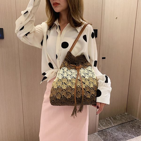 

women bucket string beach bags summer straw bag female shoulder bag messenger crossbody bags braided bucket
