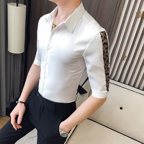 

england summer men's shirt 2020 new sequin print slim men half sleeve shirt formal men's club prom dress camisas masculina, White;black