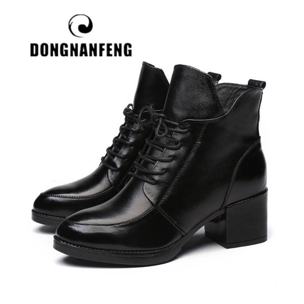 

dongnanfeng women shoes boots vintage genuine leather snow winter plush fur warm lace up ankle mother superstar size 35-40 -1, Black