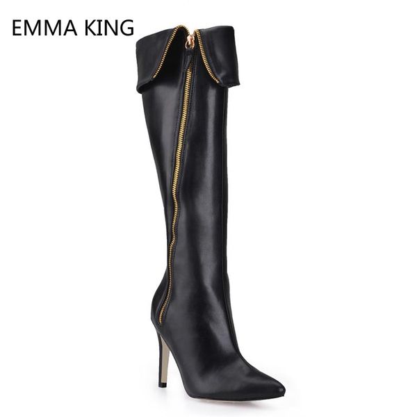 

fashion knee high boots women black leather shoes female pointed toe stiletto heels zipper party casual knight botas mujer
