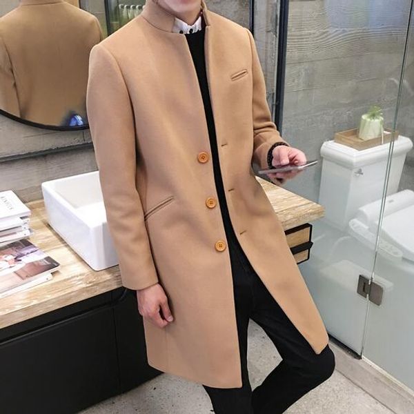 

2019 mens fashion boutique wool pure color business standing collar woolen dust coats / male quality slim leisure trench coats, Black;brown