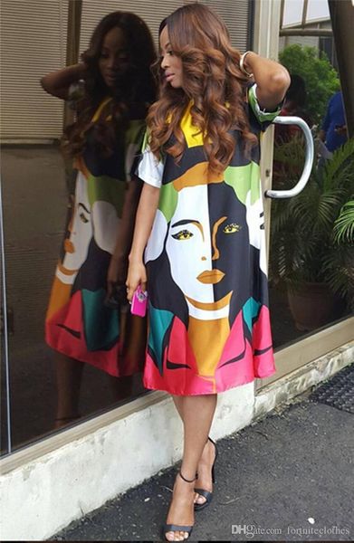 

casual summer womens dress designer hand painted portrait print ladies loose dresses short sleeve long dresses, Black;gray