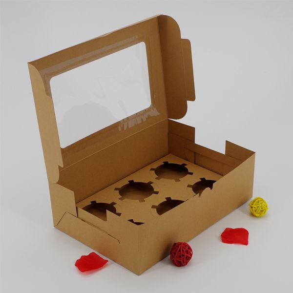

ribbon 10pcs 6 holes kraft paper cupcake packing box muffin holder for pastry box