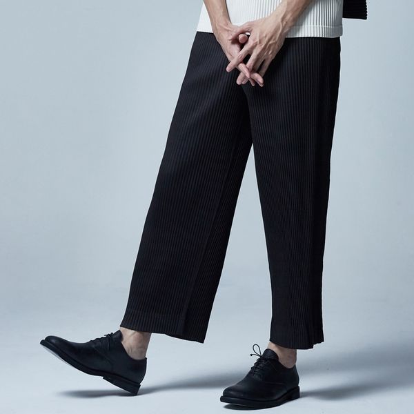 

miyake spring new pleated trousers men's loose straight pants wide-legged pants pure casual men's trousers ing, Black