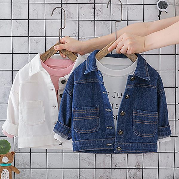 

spring autumn children girls solid color wear denim bottoming long-sleeved lapel jacket, Blue;gray