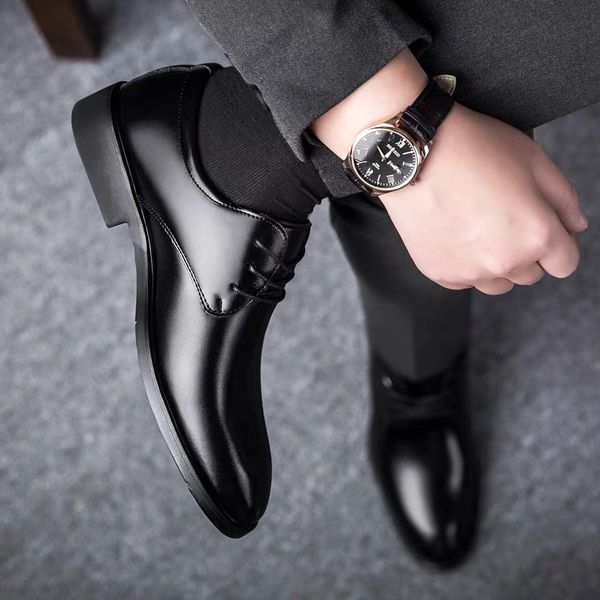 

leather shoes men summer breathable trend men leather casual shoes business career work shoes korean version of youth, Black