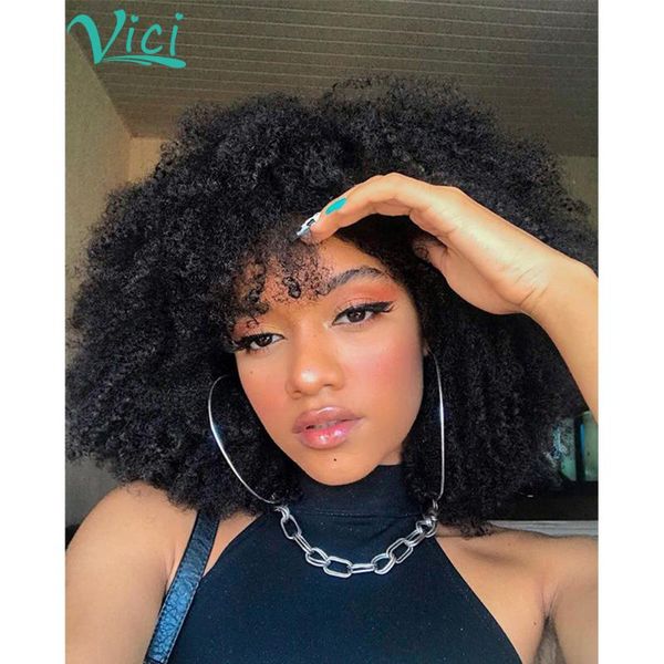 

mongolian kinky curly wigs with bangs 13x6 lace front human hair wigs pre plucked for black women 150% density remy vici hair, Black;brown