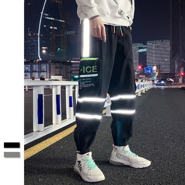 

японский harajuku брюки-карго бегуны мужчины 2020 светоотражающие хип-хоп уличная одежда спортивные брюки негабаритные спортивные брюки повс, Black