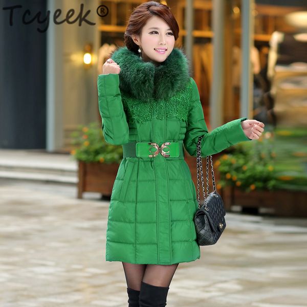 

tcyeek winter coat women clothes 2019 korean thick warm 90% duck down jacket real raccoon fur coat ladies long jacket hood s1505, Black