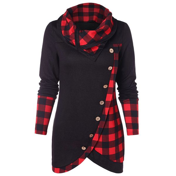 

женщины толстовки шарф воротник шотландка асимметричный толстовка лоскутная vintage long мундир теплый пуловеры весна осень 2019, Black