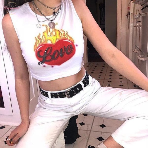 

2020 summer women fashion flaming heart printed cropped t shirt ladies white crop street cropsleeveless vest