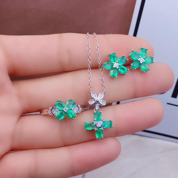 

natural green emerald jewelry sets natural gemstone ring pendant earrings 925 silver elegant flower clover women party jewelry, Black