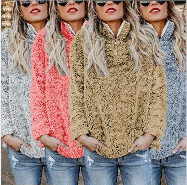 

женщины пуловер толстовки двусторонний флис свитера высокий воротник с длинным рукавом фуфайки зимы choker бербер ziper меховые tops, Black