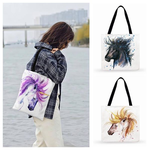 

cartoon watercolor horse painting print tote bag for women casual tote ladies shoulder bag shopping outdoor beach bags