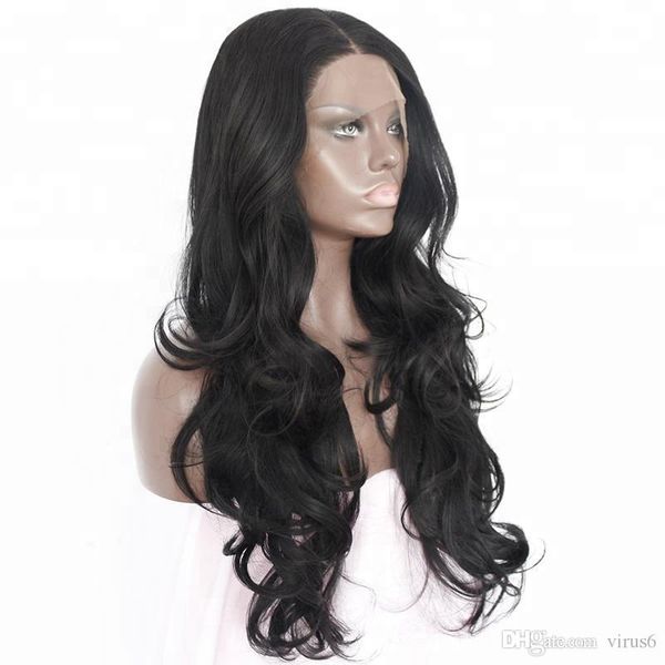 

natural looking 24 inches 1b black wavy long side part heat resistant fiber hair synthetic lace front wigs for black women