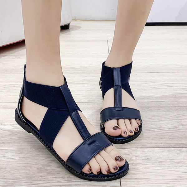 

women summer zipper elastic band flat sandals woman open toe hollow out fashion shoes female cover heels pu leather shoes new, Black