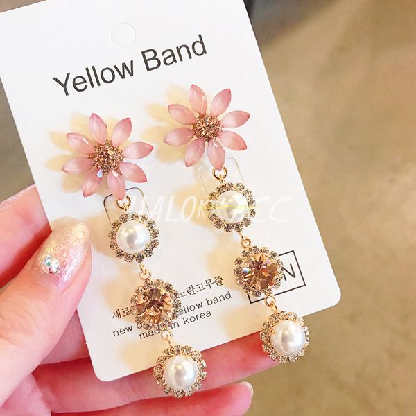 

korean new elegant crystal flower long full rhinestone pearl drop earrings fashion women statement oorbellen 2019 jewelry, Silver