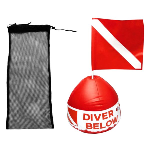

diving swimming fin shoes flippers accessories mesh bag + red & white scuba flag with inflatable float buoy diving bags