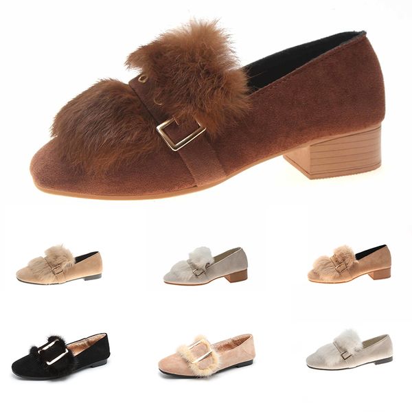 

2020 new women s vintage casual leather mid-heeled shoes with fluffy feather brown black gray outdoor walking shoes main13