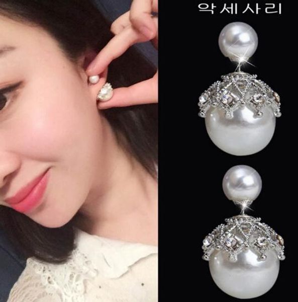 

new lace stud earrings are simple in size and double-sided pearl hollowed zircon earrings are stylish, classic and elegant, Silver