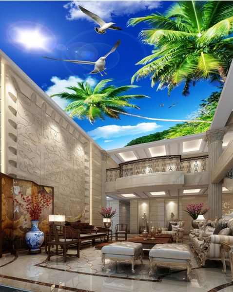 

3d ceiling murals wallpaper blue sky white clouds coconut palm ceiling mural