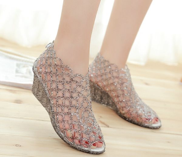 

summer new women's high-heeled fish mouth sandals crystal glitter transparent jelly bird's nest hollow net shoes hole shoes, Black