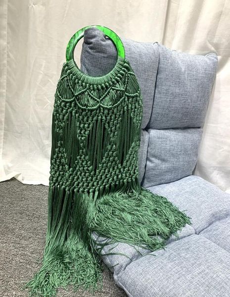 

new acrylic handle women tassel body handbags knitting mesh female ring handle tote band design summer beach bags braided