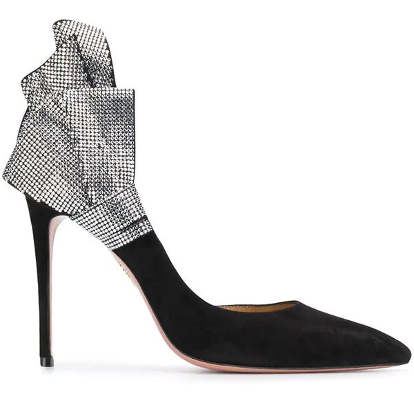 

new fashion elegant rhinestone butterfly knot high heels women's pointed toe stilettos party wedding stage pumps genuine leather, Black