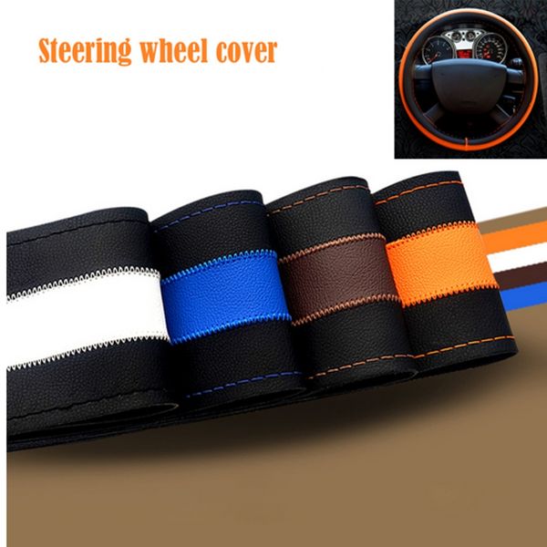 

diy genuine cowhide car braid leather steering wheel cover 38cm universal size white yellow blue coffee new interior accessories
