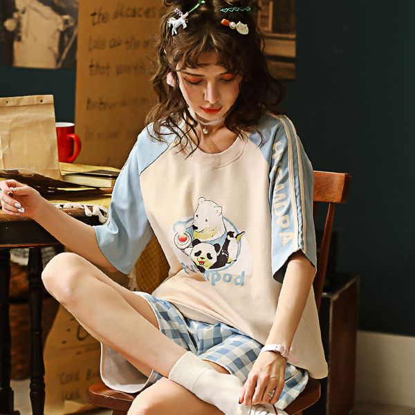 

summer short knitted cotton young women's pajama set sweet girls cartoon womens nightgowns pants pajama sets sleepwear pyjamas, Blue;gray