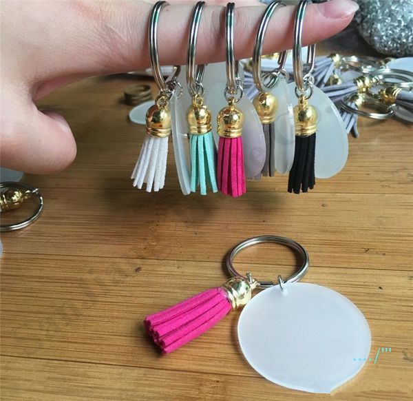 

4cm blank disc with suede tassel vinyl keyring round key chain holder gold silver monogrammed clear acrylic disc tassel keychain a110403, Red;brown