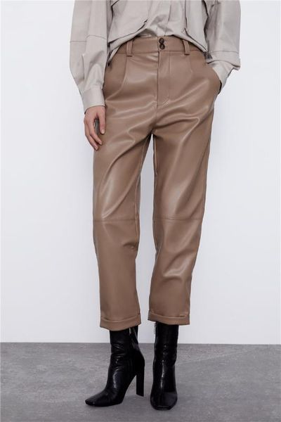 

2020 new spring summer european high-waisted crimping faux vadiming sheining leather pants zaraing women pants trousers wdf1609, Black;white