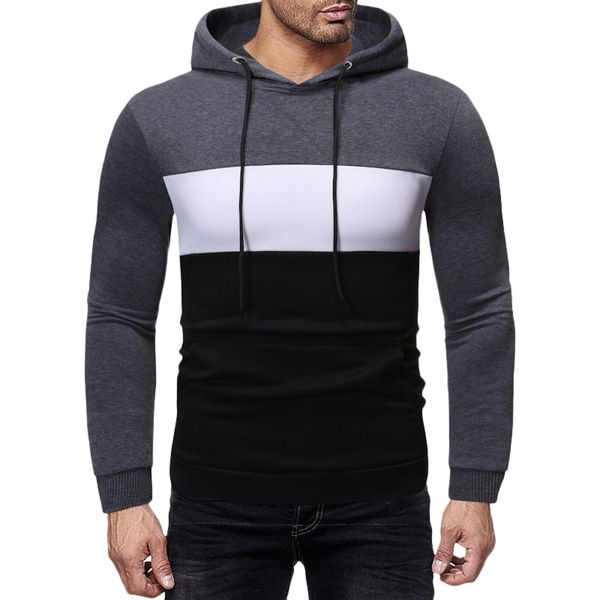 

men sweatshirt autumn winter solid color splicing long sleeves hooded drawstring patchwork outwear man's warm blusas shirts, Black