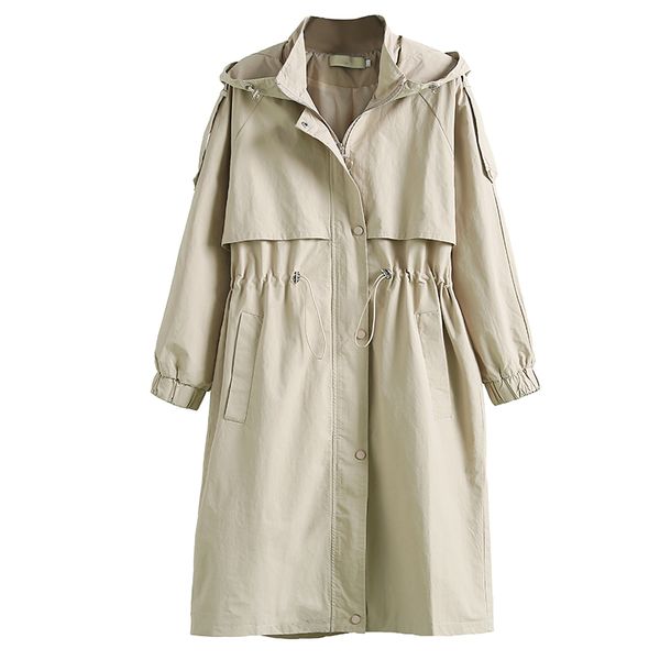 

spring and autumn plus size hooded casual coat women's loose outwear fitting hooded waist closing zipper below knees coat, Tan;black