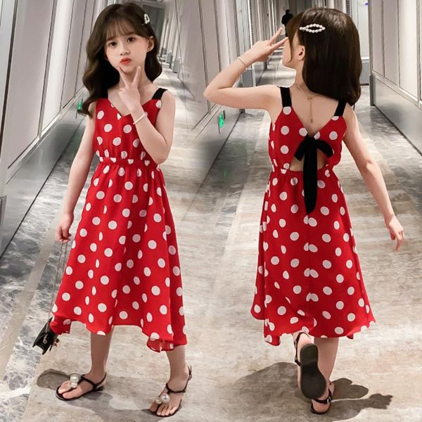 

2-13years kids baby children girls dress polka dot backless bow dress casual sleeveless strap dresses for girl vestido niÃ±a, Red;yellow