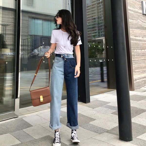 

2019 autumn new trousers retro stitching [loose] fashion denim trousers personality popular simple contrast color korean style, Blue