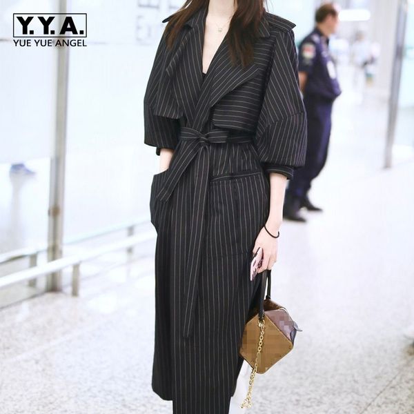 

brand fashion women super long trench coat 2019 runway striped outwear windbreaker female belted high street loose trench coats, Tan;black