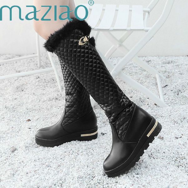 

2019 new women boots knee high boots height increasing fashion round toe rubber sole woman warm fur shoes winter black maziao