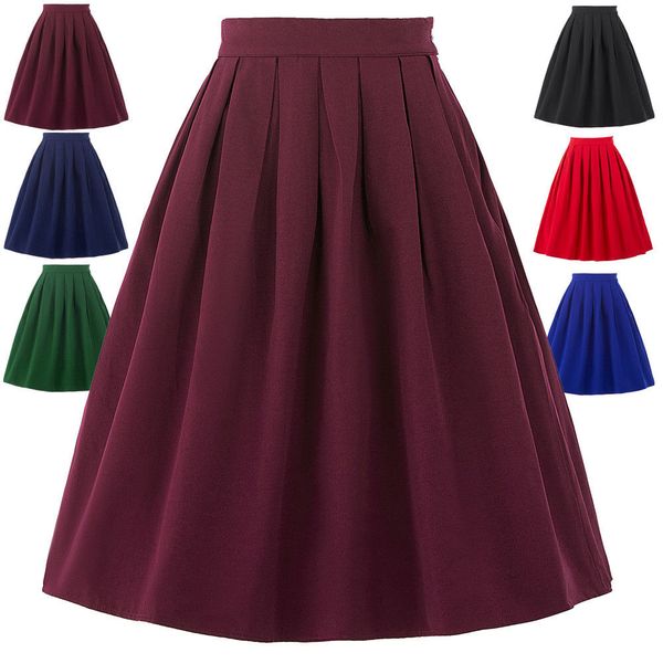 

vintage women stretch high waist skater flared pleated swing a-line skirt dress, Black