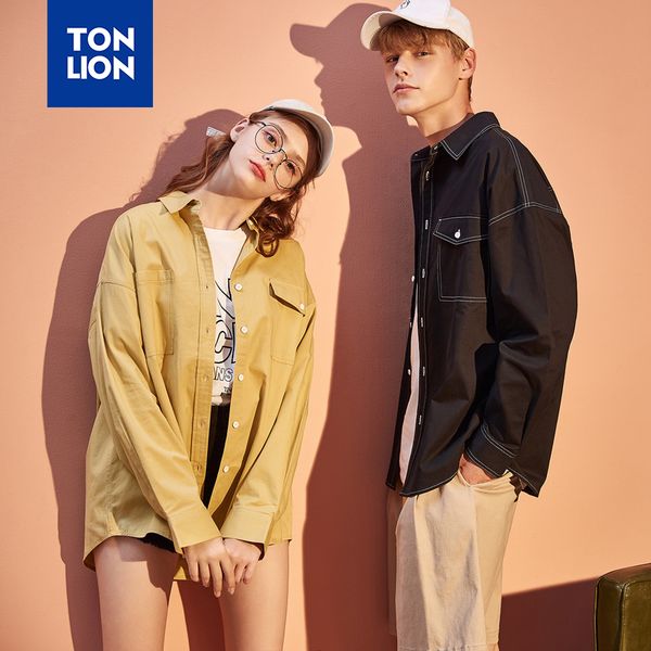 

men's casual shirts tonlion simple solid mens england style loose couple shirt black yellow fashion blouse for lovers spring, White;black
