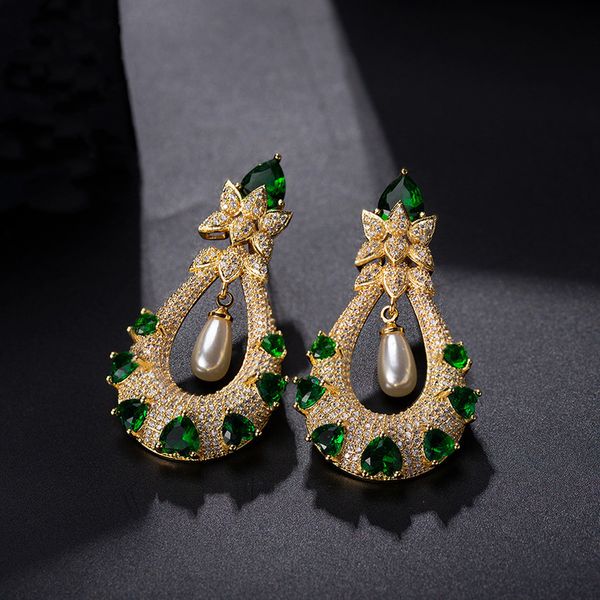 

trendy mirco paved zircon flower water drop earrings simulated pearl green pendant earrings bride weddings women party jewelry, Silver