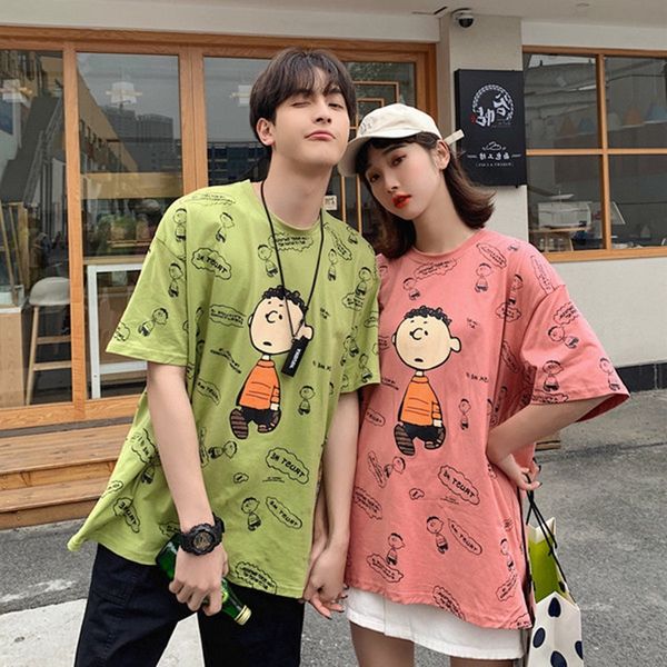 

cartoon t-shirt printed couple clothes short-sleeved t-shirt female ins fashion loose all-match fashion student top, White