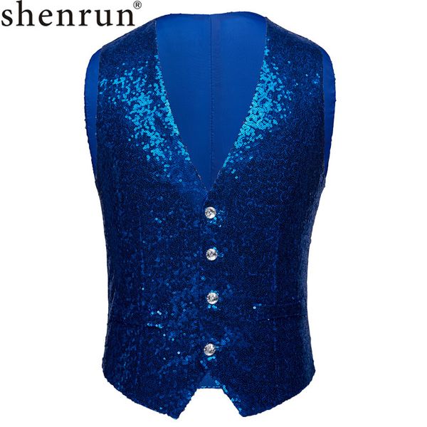 

shenrun men paillette waistcoat sequins vest wedding groom gilet bar singers stage show costume gold silver red blue black color, Black;white